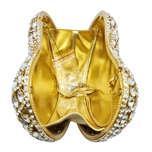 Luxury gold rhinestone evening clutch bag with matching metal chain and interior lining