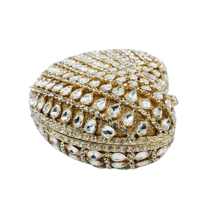Luxury heart shaped evening clutch bag with sparkling rhinestones on golden frame