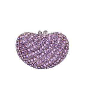 Luxury heart-shaped evening clutch bag with purple rhinestones and silver metal frame