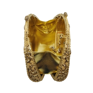 Elegant gold rhinestone evening clutch bag with hollow floral pattern and chain strap