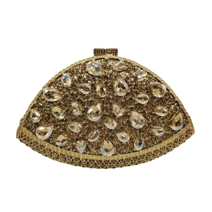 Golden fan-shaped rhinestone evening clutch bag with pear-shaped crystal embellishments