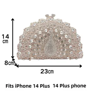 Peacock crystal clutch bag dimensions 23x14x8 cm, fits iPhone 14 Plus smartphone