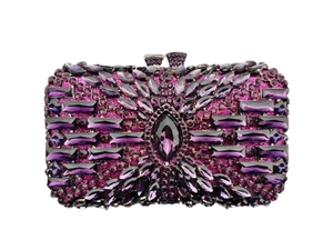 Detailed macro view of purple rhinestone evening clutch bag with sparkling crystals