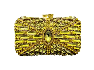 Detail of evening clutch featuring yellow rhinestones and hollow metal frame