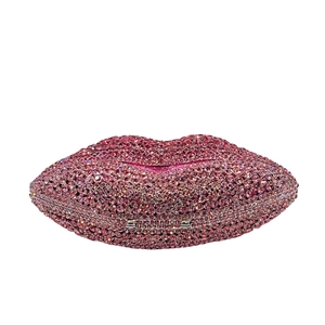 Detailed view of pink crystal rhinestones and metal closure on the lip-shaped evening bag