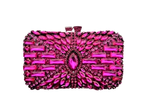 Detailed close-up of rose red clutch featuring marquise and rectangular rhinestones