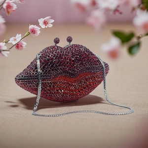 Close-up of lip-shaped red rhinestone evening clutch with silver chain and floral accents