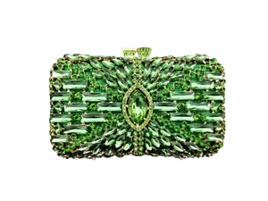 Detail of green rhinestone evening clutch bag with large emerald-cut crystals