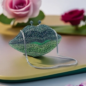 Macro detail of lip-shaped clutch bag featuring green and blue gradient rhinestones