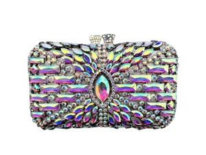 Macro detail of a crystal-encrusted evening clutch bag with iridescent AB rhinestones
