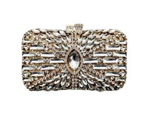 Detailed close-up of marquise rhinestone patterns on the metal frame evening clutch bag