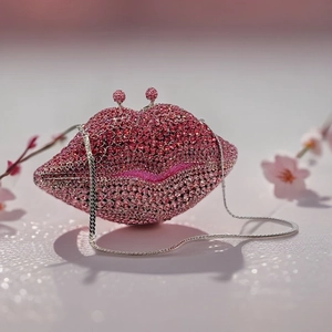 Close-up of sparkling pink rhinestone-encrusted lip-shaped clutch bag with silver chain