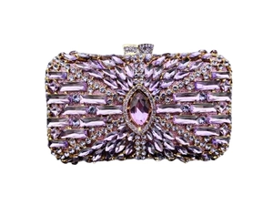 Detail view of the lavender rhinestone dinner clutch featuring a pink teardrop crystal