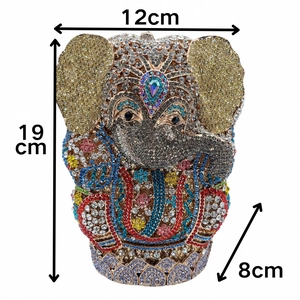 Detail view of crystal elephant clutch bag with 12x19x8cm dimensions shown in text