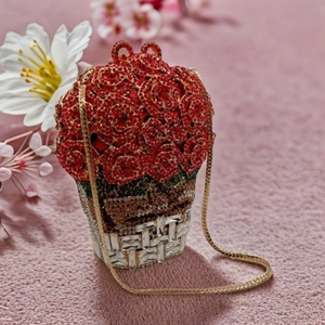 Pochette panier rose rouge exquise avec cristaux sertis main et chaîne dorée