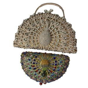 Luxury peacock evening clutch bag with full crystal diamond inlay for formal party weddings