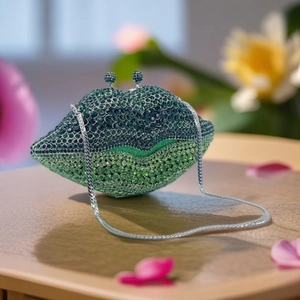 Lip-shaped clutch bag with gradient green rhinestones and silver chain strap