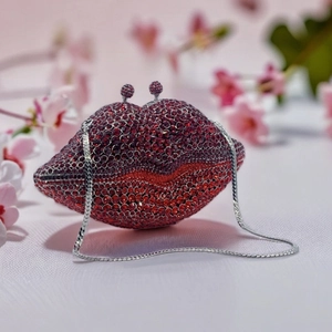 Red crystal lips evening clutch bag with sparkling rhinestones and silver chain strap