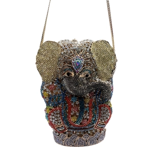 Elephant crystal evening clutch bag with multicolored rhinestones and gold chain