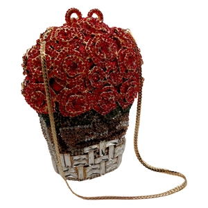 Pochette panier de fleurs exquise avec roses en cristal rouge et chaîne dorée