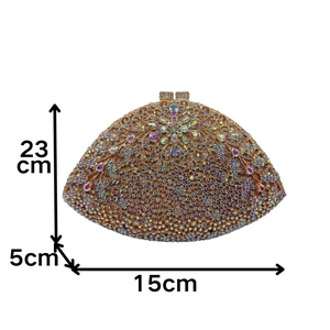 Detailed dimensions of rhinestone wisteria evening clutch showing 23x15x5cm size
