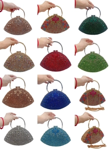 Collage of evening clutch bags with floral rhinestone patterns and metal handles