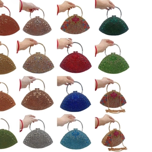 Sparkly rhinestone fan-shaped evening clutch bag with circular handle in multiple colors