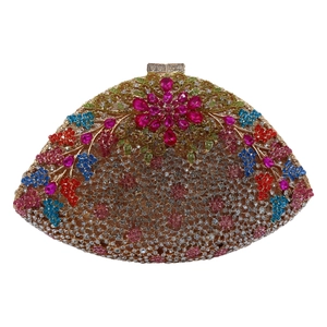 Exquisite semi-circular floral clutch with colorful crystals and gold metal clasp
