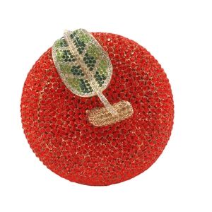 Sparkling red apple evening clutch bag fully encrusted with rhinestones and green leaf detail