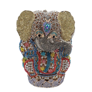 Elephant-shaped luxury evening clutch with colorful rhinestones and gold metal frame