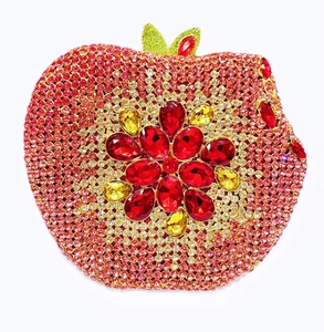 Exquisite apple-shaped evening clutch bag with red rhinestones and green leaf crystals