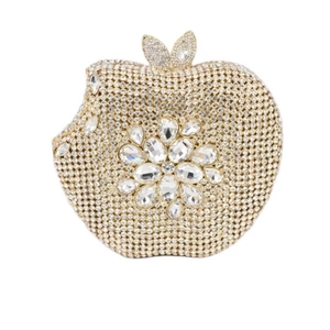 Luxury apple shaped evening clutch bag with golden rhinestones and leaf clasp