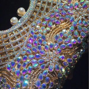 Luxury gold hollow evening clutch bag with AB crystals, sparkling rhinestones and pearl clasp
