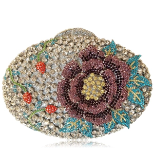 Pochette ovale en cristal avec motif floral en diamants et fermoir en métal brillant