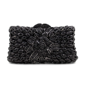 Elegante pochette da sera nera con fiori 3D e strass di lusso per occasioni formali