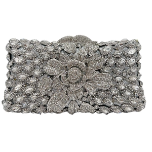 Elegante borsa da sera argentata con motivo floreale in strass e finitura in cristallo