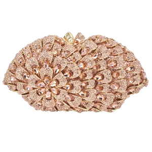 Champagne gold luxury evening clutch bag with sparkling floral rhinestone patterns