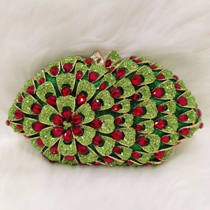 Luxury green crystal evening clutch bag with heart floral patterns and gold metal frame