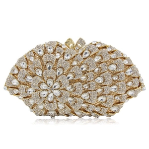 Elegant gold evening clutch bag featuring radiant crystal floral patterns and metal clasp