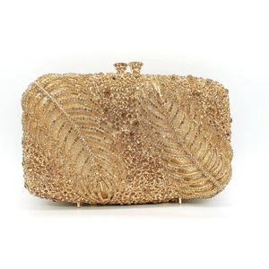 Luxurious gold evening clutch bag with sparkling rhinestone leaf and feather textures