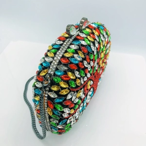 Luxury floral crystal clutch bag with colorful rhinestones and metal chain strap