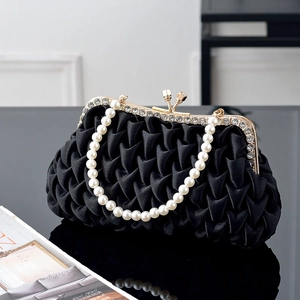 Pleated Satin Evening Clutch Bag Rhinestone Metal Frame Satin Handbag With Artificial Pearl Handle For Wedding Banquet