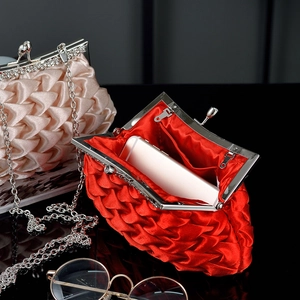 Elegant satin pleated clutch evening bags in red and champagne with rhinestone metal frames