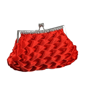 Elegant red pleated satin clutch bag with crystal kiss-lock and rhinestone frame details
