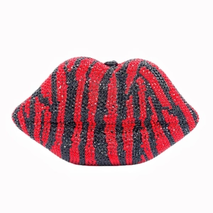Red and black zebra patterned lip-shaped clutch bag with sparkling crystal rhinestones