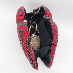 Red and black heart-shaped rhinestone evening clutch bag with gold chain strap