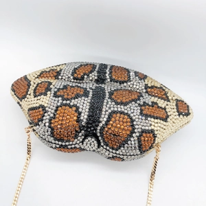 Luxury lip shaped evening clutch bag with leopard print rhinestones and gold chain strap