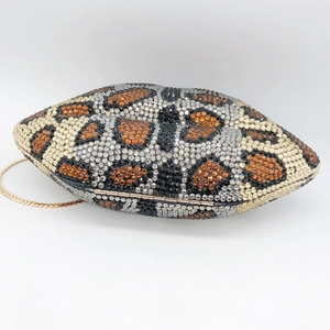 Lip-shaped evening clutch bag with leopard print rhinestones and gold chain strap