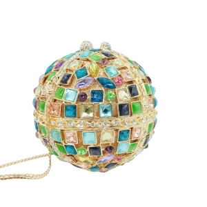 Colorful rhinestone spherical evening clutch bag with gold metal frame and chain