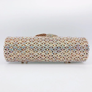 Luxurious cylindrical evening clutch bag with iridescent rhinestones and metal frame
